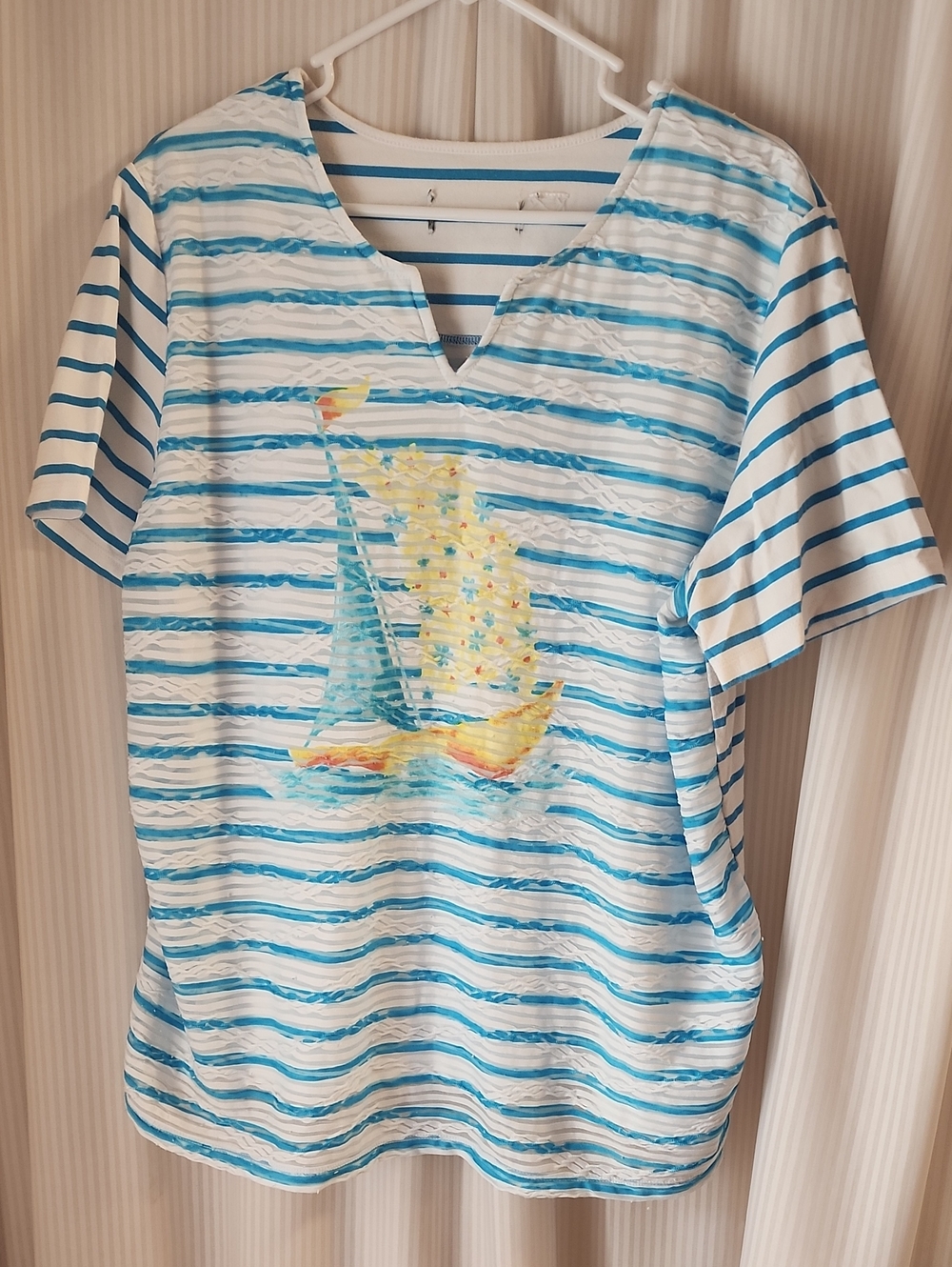 Alfred Dunner Cream & Blue Striped Short Sleeve Tee with Nautical Sailboat Print